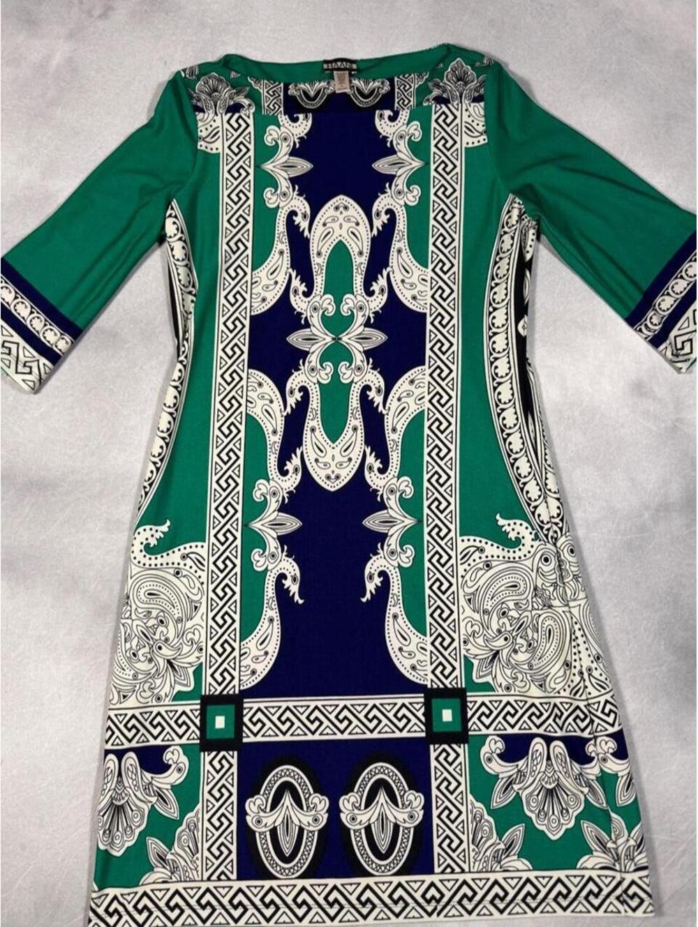 Stunning Haani Women’s Medium Green Navy Scarf Print Shift Dress